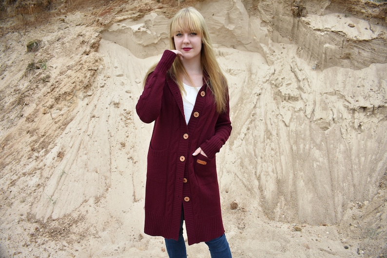 WOOL ALPACA knitted long sweater coat for women warm cardigan with pockets maxi coat jacket with hood jumper black pink blue grey white