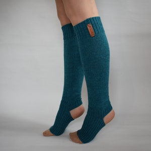 Knitted alpaca long leg warmers with heel warm wool dance toeless flip flop socks sport yoga socks boot toppers for women black white gray image 3