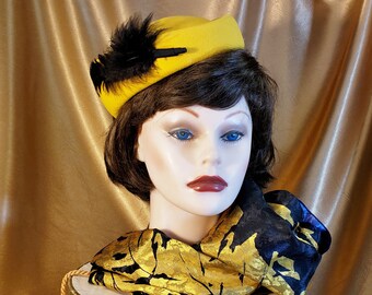 Vintage 1960's Feathered Yellow-Gold Gem of a Hat