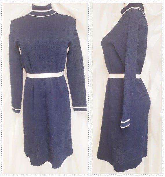 1960's Mad Men Navy & White Knit Dress