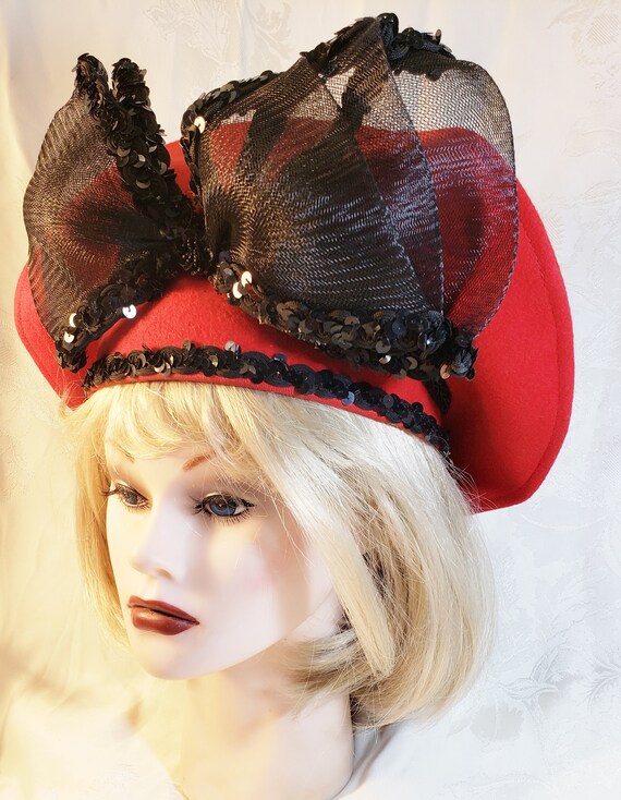 Breton-Style Big Bowed RED Hat - 1970's