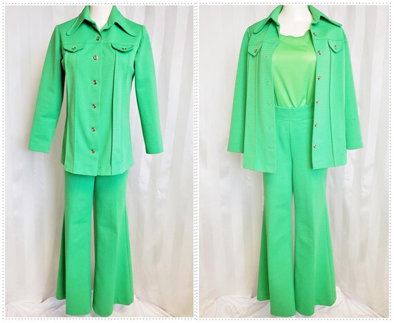 Go GREEN!! 1970's Knit Pant Suit