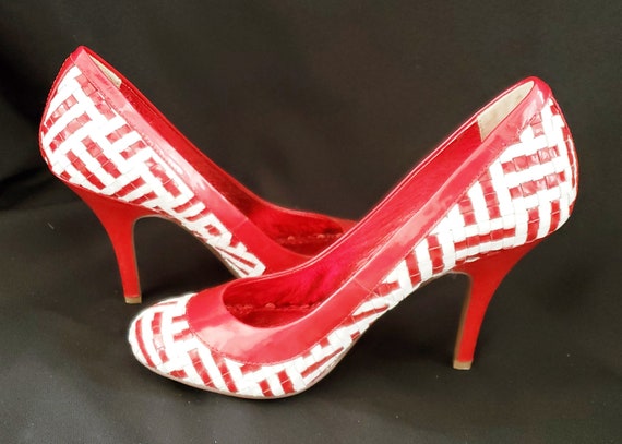 NAUGHTY MONKEY Red & White Leather-weave Heels - Etsy