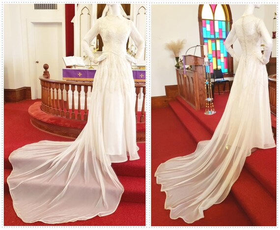 1930's - 40's Lace Applique & Satin Wedding Gown