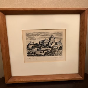 Antique Signed Etching European Castle Landscape Framed Print Vintage Black and White Etching Dark Academia Wall Art