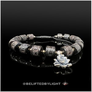 Purity | Ebony Tibetan Buddhist Prayer Wheel | 6 Character Mantra Bracelet | Silver Lotus Charm | Mala  Beaded Bracelet | Om Mani Padme Hum
