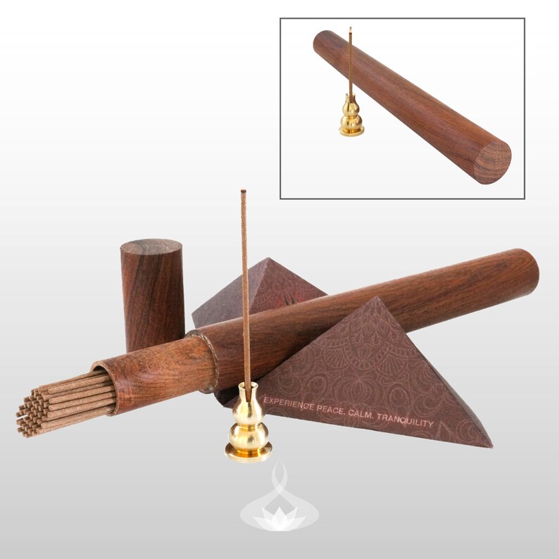 Agarwood Incense Sticks in Wooden Carrier With Brass Incense Holder