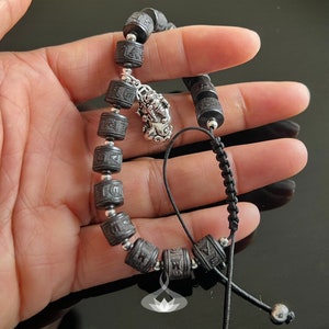 Abundance Protection Mala Bracelet | Tibetan Carved Wood Beads | 925 Pixiu Charm | 6 Character Mantra | Om Mani Padme Hum | Adjustable