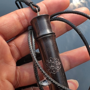 Intention Keeper | Carved Om Mani Padme Hum Wooden Tibetan Mantra Keeper on an Adjustable Cord | Mantra Holder | Sacred Message Holder