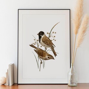 Impression d&#39;art botanique / Bruant des Roseaux / Oiseaux / Affiche Vintage Aquarelle / Art mural floral /  Décoration intérieure
