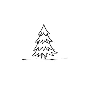 May include: A simple line drawing of a pine tree with a thick trunk and branches.