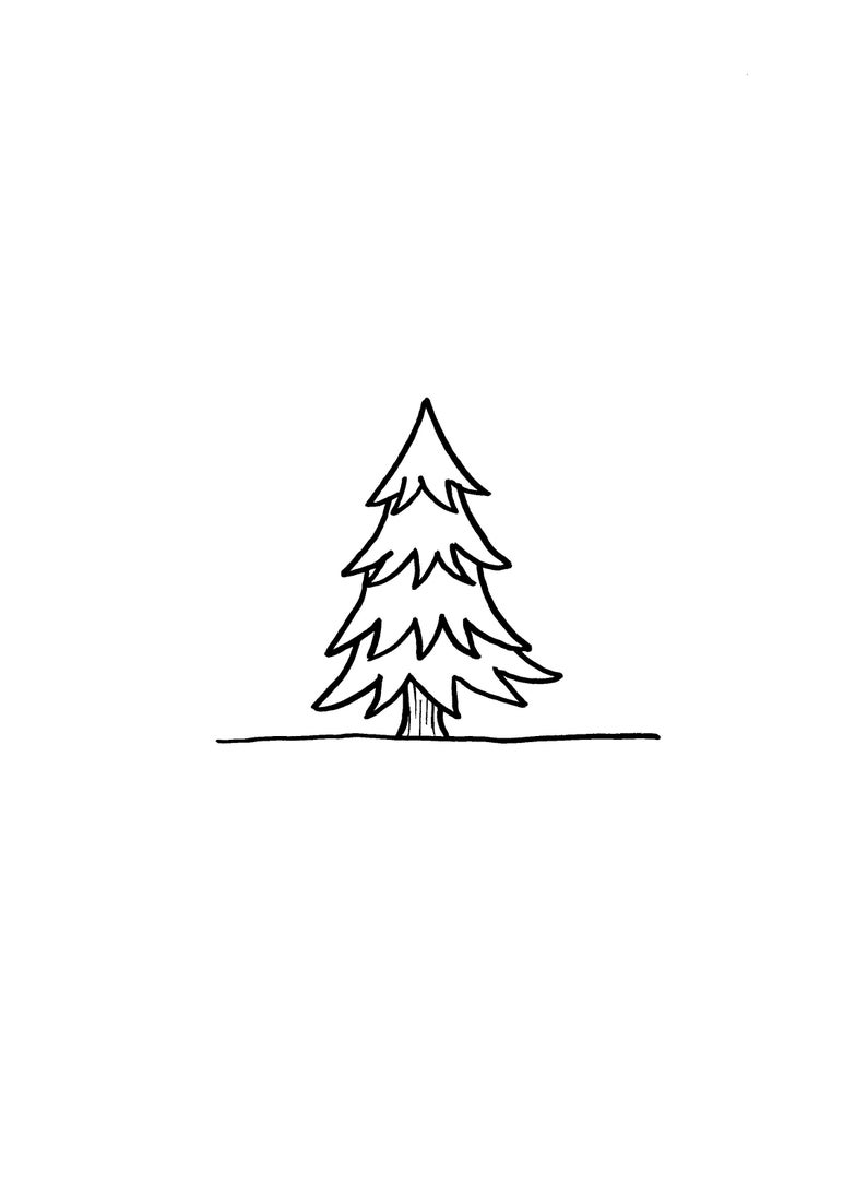 May include: A simple line drawing of a pine tree with a thick trunk and branches.