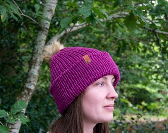 Vibrant Purple Knitted Bobble Hat - Unisex Beanie with Faux Fur Pom Pom