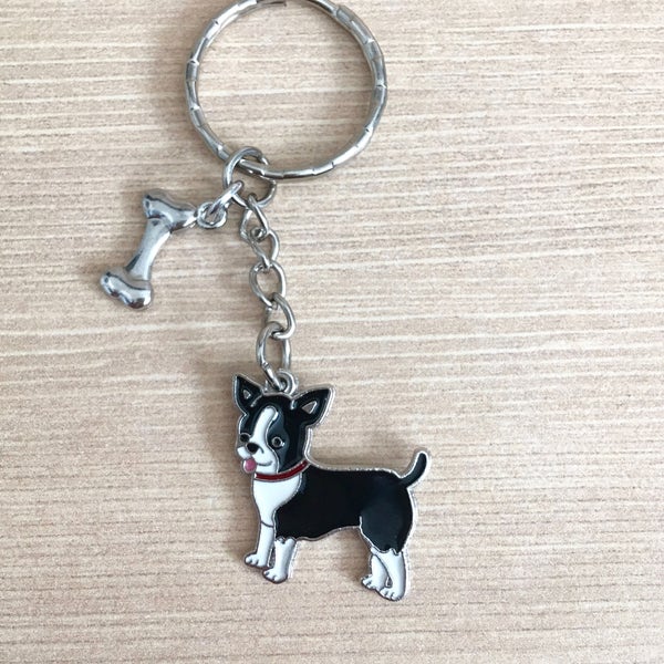 Chihuahua black and white enamel charm keychain