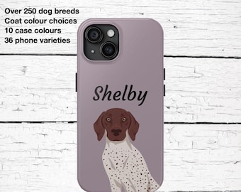 May include: A mauve phone case featuring a German Shorthaired Pointer illustration with the name "Shelby" in script. The case has a dual-camera setup and includes text: Over 250 dog breeds, Coat colour choices, 10 case colours, and 36 phone varieties.