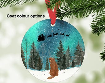 Peut inclure: Ornement de Noël rond avec une scène hivernale. Un chien marron est assis dans la neige, regardant le traîneau du Père Noël tiré par des rennes. L'arrière-plan présente une forêt sous un ciel étoilé. Le texte "Coat colour options" est visible.