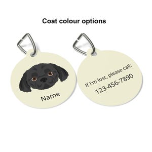 May include: Cream-coloured pet tag featuring a black dog illustration and the word "Name". The reverse side has the text "If I'm lost, please call: 123-456-7890". Includes a silver metal clasp. The text "Coat colour options" is above the tags.