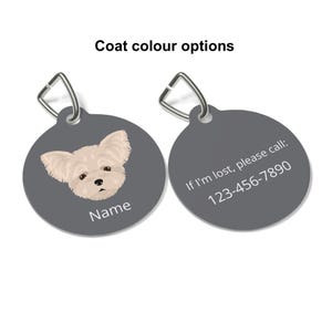 Peut inclure: Deux médailles d'identification grises pour animaux de compagnie avec des fermoirs argentés. L'une présente une illustration de chien et le mot "Name". L'autre porte le texte "If I'm lost, please call: 123-456-7890". Le texte "Coat colour options" est au-dessus.