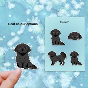 May include: A hand holding a black dog sticker next to a card with four black dog stickers. The card has the word "Peekapoo" printed on it. The words "Coat colour options" are printed on the left side of the image.