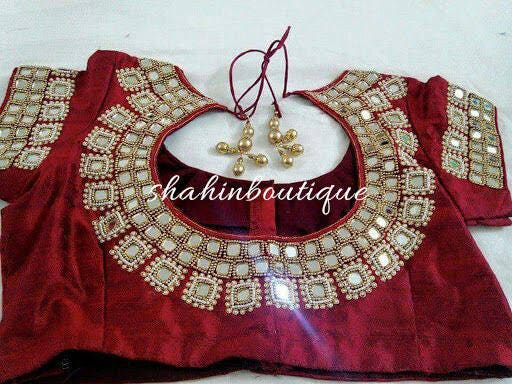 Handmade Shining Maroon Silk Saree Blouse with bright mirror | Etsy