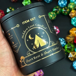Short Rest & Short Stories Scented Crackling Wood Wick Hidden Loot D20 Soy Wax Candle