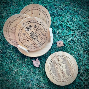 Legend of Zelda Tears of The Kingdom Engraved Bamboo Coaster Set With Ruined and Zonai Master Sword, Sheikah Slate, and Zonai Shrine.