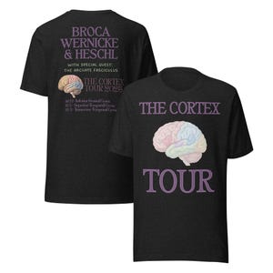 May include: Dark gray t-shirts with a brain graphic and the text "THE CORTEX TOUR 2025". The back of the shirt features text about Broca, Wernicke, and Heschl, with the special guest, the arcuate fasciculus.