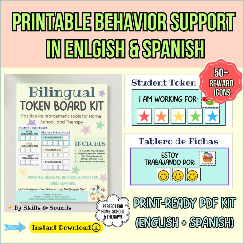 Bilingual Token Board for Kids | Printable ABA Behavior Chart | Speech ...