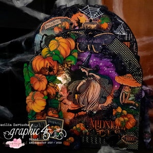 Mini album tutorial, Midnight Tales Graphic 45 Scrapbook album with pop ups and lights. Video Tutorial in a PDF. Scrapbooking Cecilia