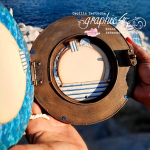 Mini album tutorial Graphic 45 Ocean Blue. Porthole window shaped scrapbook album PDF with videos Scrapbooking Cecilia