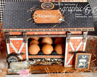 Scrapbook VIDEO TUTORIAL, Graphic 45, Farmhouse Egg Container, PDF, Decor kitchen, eggs box container