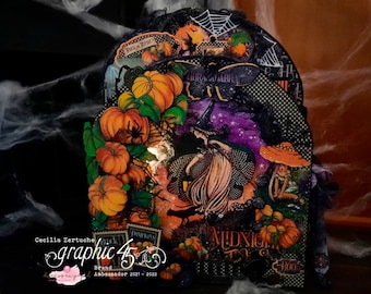 Tutorial de miniálbum, Álbum de recortes Midnight Tales Graphic 45 con ventanas emergentes y luces. Videotutorial en PDF. Scrapbooking Cecilia.