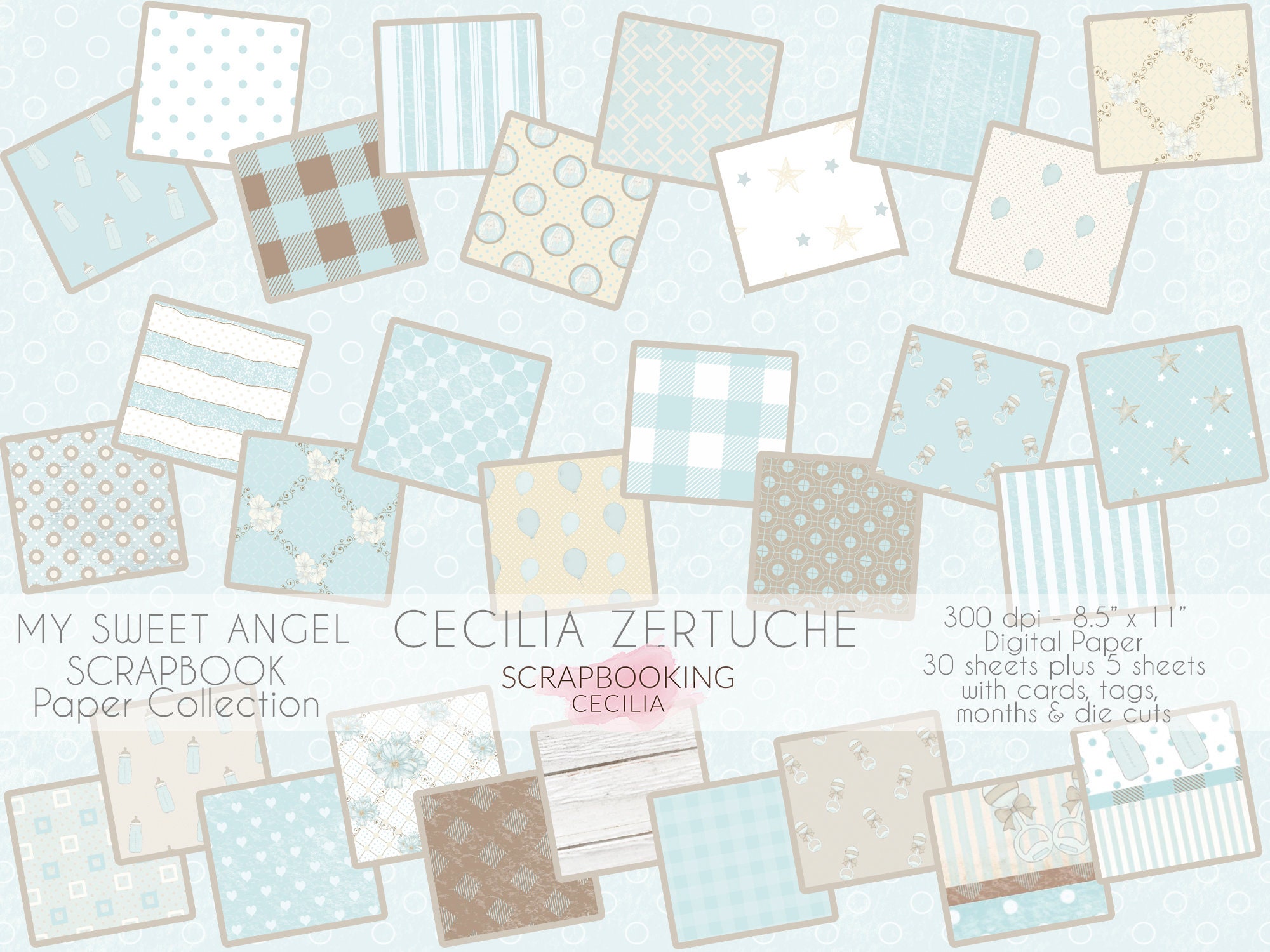 DIGITAL Scrapbook Printable Paper 8.5 X 11 Size. My Sweet Angel, a Baby Boy  Themed Collection in Soft Blue Shades and Classic Images. 