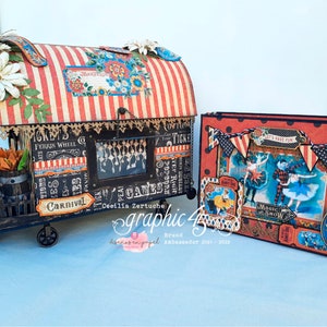 Mini-album and wagon tutorial, Graphic 45 Come One Come All. PDF with Videos, Scrapbooking Cecilia.