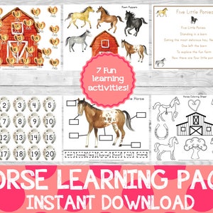 Może przedstawiać: Drukowany zestaw edukacyjny o koniach z siedmioma aktywnościami dla dzieci. Zestaw zawiera kartę do kolorowania koni, ćwiczenie z liczeniem podków, ćwiczenie z etykietowaniem anatomii konia oraz rymowankę o pięciu małych kucykach. Zestaw jest dostępny do pobrania natychmiast.