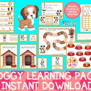 May include: A printable pack of educational activities for kids featuring a dog theme. The pack includes a board game, a counting activity, a matching game, a graph, and a shape identification activity. The pack is designed to help kids learn about dogs, counting, shapes, and more.