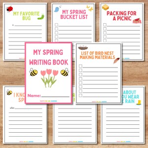 May include: A set of printable spring-themed writing prompts and checklists for kids. The prompts include "My Favorite Bug", "My Spring Bucket List", "Packing for a Picnic", "List of Bird Nest Making Materials", "I Know Spring When", and "What Do You Wear in the Rain".