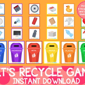 Könnte beinhalten: Ein farbenfrohes Lernspiel für Kinder zum Thema Recycling. Das Spiel enthält sechs unterschiedlich farbige Recyclingbehälter und über 70 Gegenstandskarten. Die Behälter sind mit folgenden Kategorien beschriftet: Glas, Gefahrstoffe, Metall, Papier, Plastik und Biomüll. Die Gegenstandskarten zeigen verschiedene Gegenstände, die recycelt werden können, wie z. B. Glasflaschen, Batterien, Dosen, Zeitungen, Plastikflaschen und Essensreste.