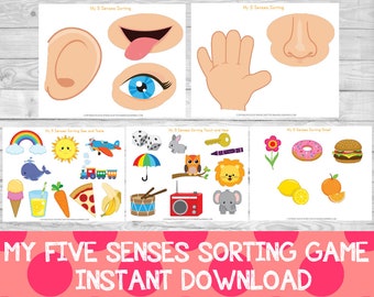 Peut inclure: Un jeu imprimable pour les enfants pour apprendre les cinq sens. Le jeu comprend des images d'une main, d'un nez, d'une oreille, d'une langue et d'un œil, ainsi que des images d'objets qui représentent chaque sens.