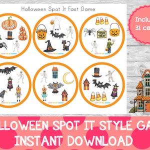 以下が含まれることがあります： ハロウィーンをテーマにしたSpot Itゲーム。カボチャ、コウモリ、幽霊などのイラストが描かれた6つの円形ゲームボードがあります。「Halloween Spot It Fast Game」と「Includes 31 cards!」の文字が見えます。ゲームは即時ダウンロードです。