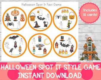 May include: A Halloween-themed Spot It game with six circular game boards featuring various spooky illustrations like pumpkins, bats, and ghosts. The text "Halloween Spot It Fast Game" and "Includes 31 cards!" are visible. The game is an instant download.
