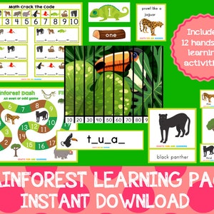 May include: A colorful printable rainforest learning pack with 12 hands-on activities. The pack includes a math game, a rainforest dash game, a toucan puzzle, a black panther card, and a letter sound activity. The text "Rainforest Learning Pack Instant Download" is at the bottom of the image.