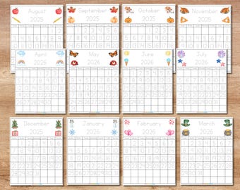 Traceable Monthly Calendar Set, August 2025 through July 2026