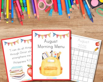 August 2026 Morning Menu Printable | Homeschool Calendar, Weather, Bible Verse (PDF Download)