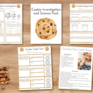 Peut inclure: Un ensemble de feuilles de travail imprimables pour une expérience scientifique sur les biscuits. L'ensemble comprend une feuille de travail d'investigation sur les biscuits, une feuille de travail de dégustation de biscuits, une feuille de travail d'expérience sur les biscuits et une recette de biscuits aux pépites de chocolat. Les feuilles de travail comprennent des sections pour dessiner, décrire et mesurer les biscuits. La recette comprend une liste d'ingrédients et des instructions pour la cuisson des biscuits aux pépites de chocolat.