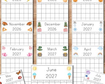2 Versions, Blank Fillable Monthly Calendar Set, August 2026 through July 2027