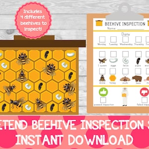 May include: A printable pretend beehive inspection set with a checklist for kids to learn about bees and their hive. The set includes four different beehives with various stages of bee development, including queen, drone, worker, eggs, larvae, pupa, honey, and other items.