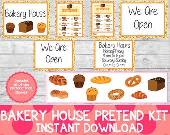 Könnte beinhalten: Ein druckbares Spielset für eine Spielbäckerei mit Schildern, auf denen "Bakery House", "We Are Open" und "Bakery Hours" steht. Das Set enthält eine Speisekarte, eine Preisliste und Bilder verschiedener Backwaren, darunter Brot, Brötchen, Muffins und Gebäck.