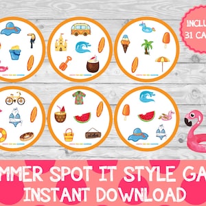 以下が含まれることがあります： 31枚のカードが付いた、夏をテーマにした印刷可能な「Spot it」スタイルのゲーム。カードには、フラミンゴ、サーフボード、ビーチパラソル、パイナップルなど、さまざまな夏のテーマの画像が描かれています。このゲームは、子供にも大人にも最適です。