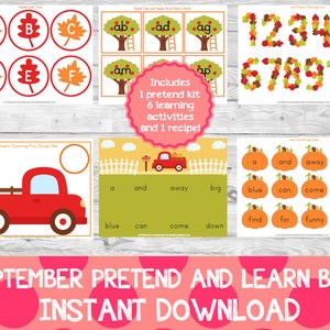 May include: A printable set of educational activities for children featuring a fall theme. The set includes a pretend play kit, six learning activities, and one recipe. The activities include alphabet letter recognition, number recognition, and word recognition. The set is available for instant download.